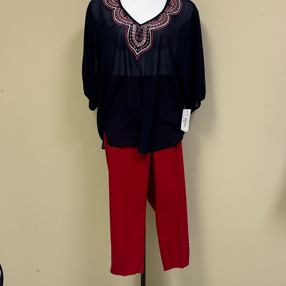 Karen Kane Navy Sheer Top and Talbots Red Cropped Pants Set